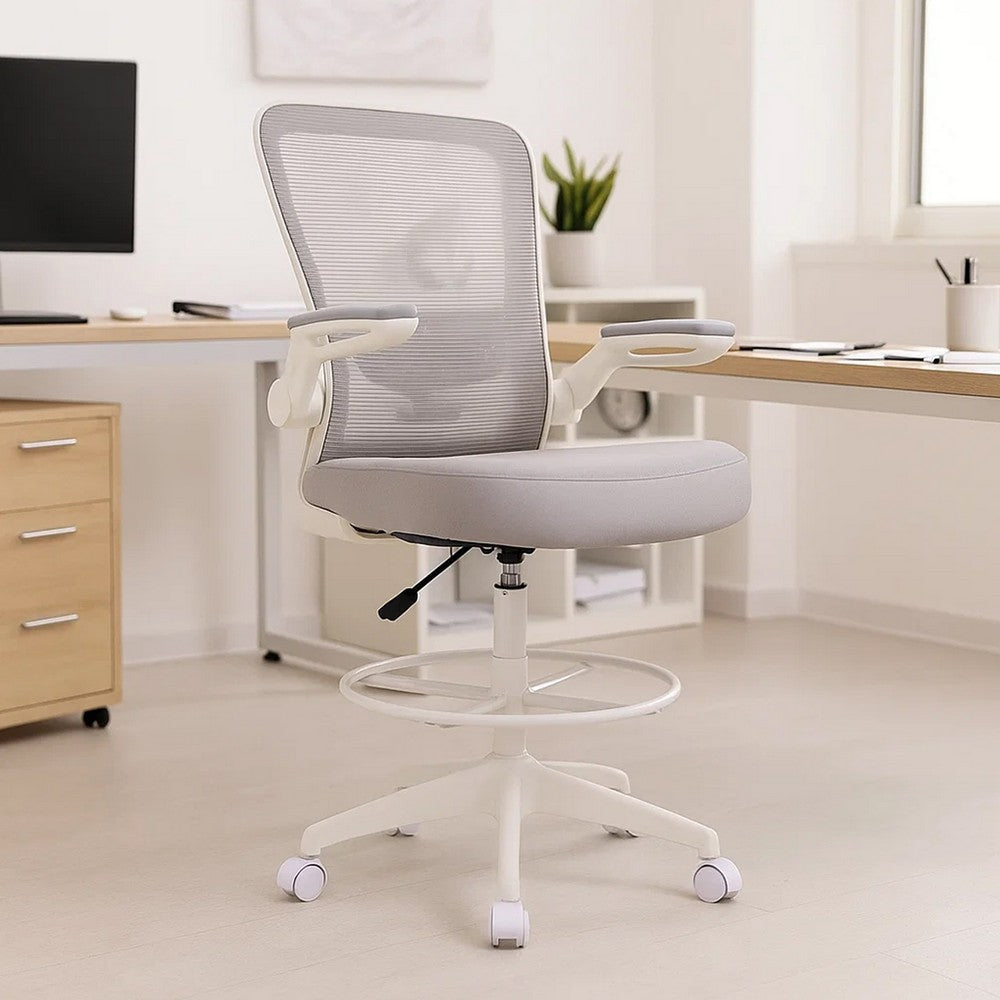 Dea Drafting Stool Chair | Flip-Up Arms | Gray Mesh | Chrome Footring