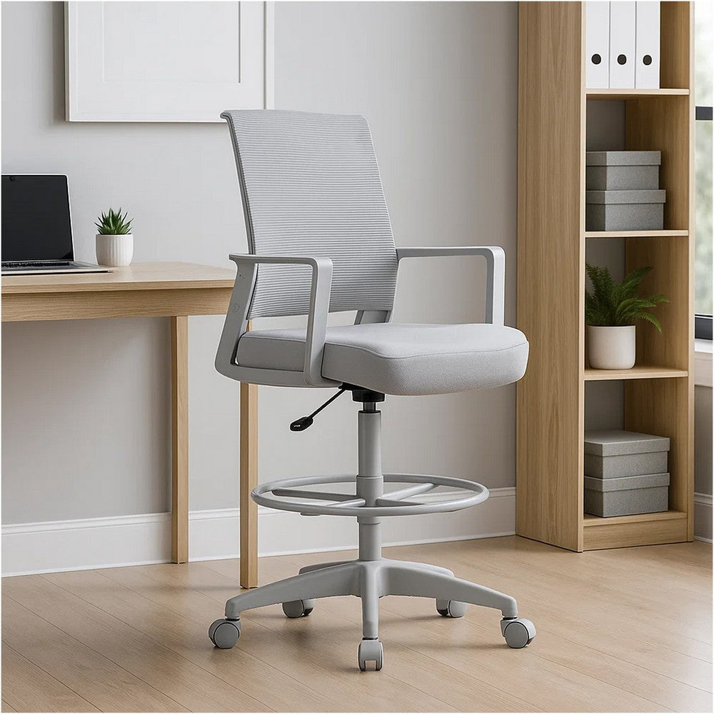 Swivel Drafting Stool | Fixed Arms | Gray Mesh Back | Chrome Footring BM340782