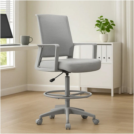 Swivel Drafting Stool | Fixed Arms | Gray Mesh Back | Chrome Footring BM340782