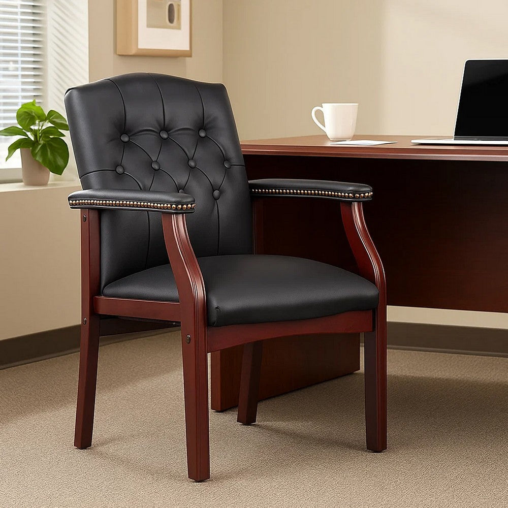Koe Classic Reception Guest Armchair | Black Vinyl Tufted Back | Wood Legs
