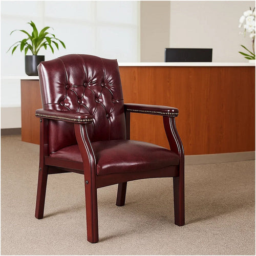 Koe Classic Reception Guest Armchair | Burgundy Tufted Vinyl | Wood Legs BM340823