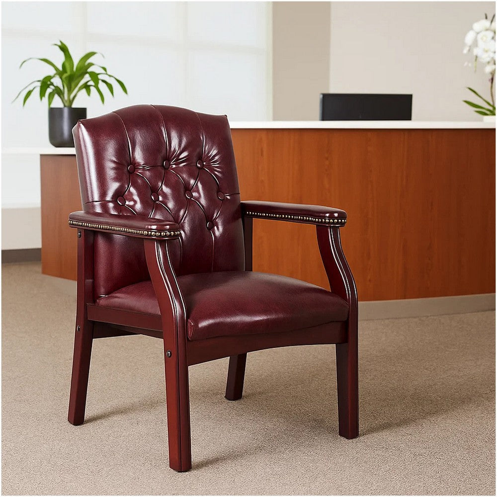 Koe Classic Reception Guest Armchair | Burgundy Tufted Vinyl | Wood Legs