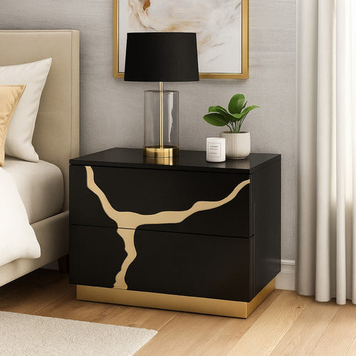 Goldie Nightstand | 2 Drawers | Gold & Black Solid Wood | 28"