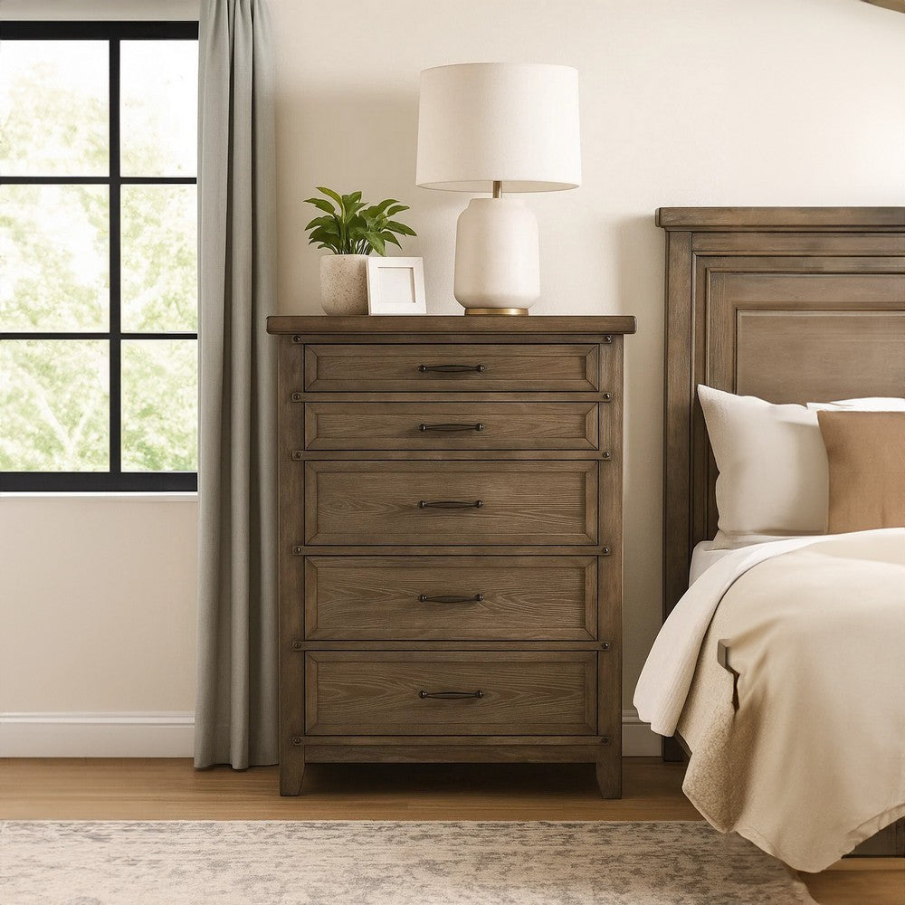 Merry Tall Dresser Chest | 5 Drawers | Brown Solid Wood | Bronze Metal BM340844