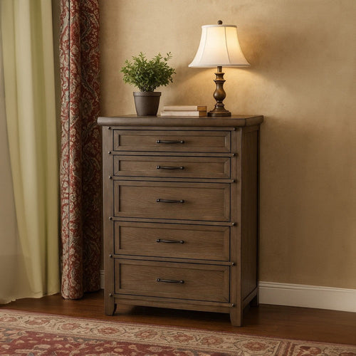 Merry Tall Dresser Chest | 5 Drawers | Brown Solid Wood | Bronze Metal