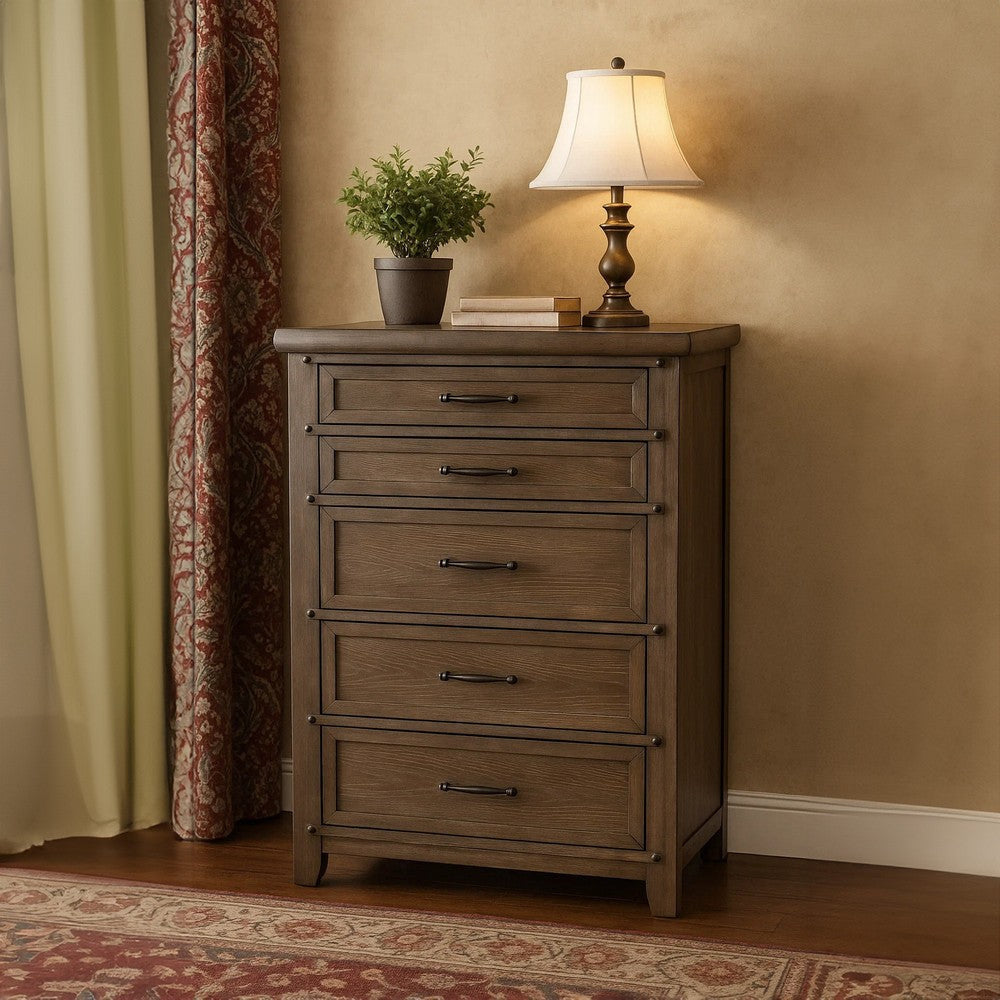 Merry Tall Dresser Chest | 5 Drawers | Brown Solid Wood | Bronze Metal