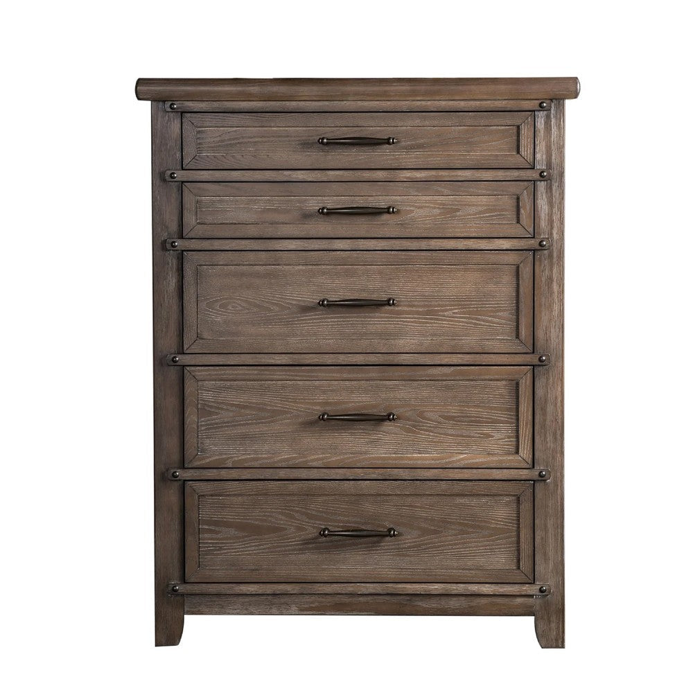 Merry Tall Dresser Chest | 5 Drawers | Brown Solid Wood | Bronze Metal BM340844