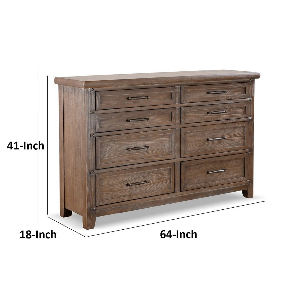 Merry Wide Dresser | 8 Drawers | Brown Solid Wood | Bronze Metal BM340845