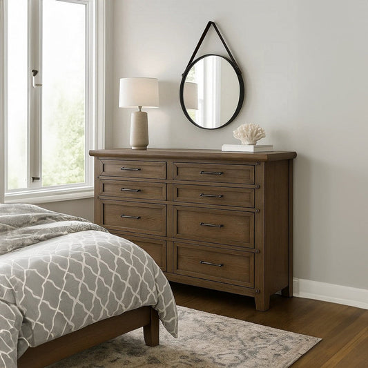 Merry Wide Dresser | 8 Drawers | Brown Solid Wood | Bronze Metal