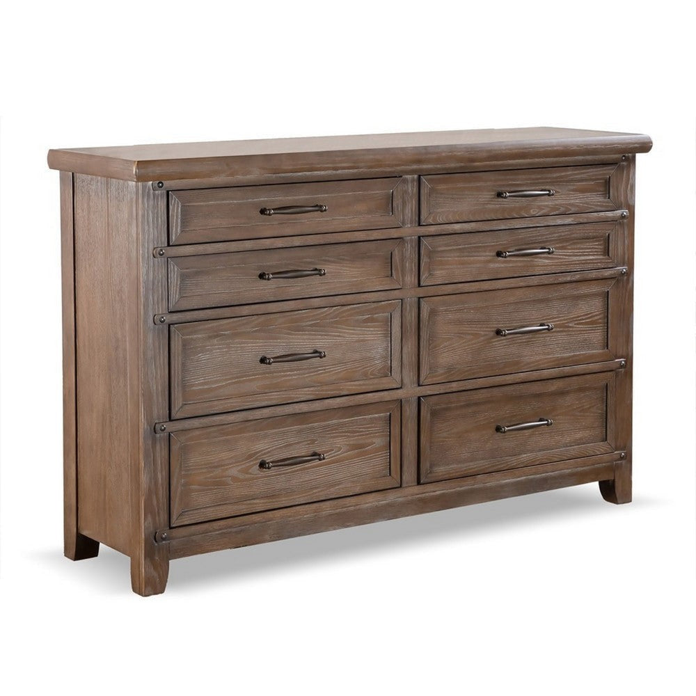 Merry Wide Dresser | 8 Drawers | Brown Solid Wood | Bronze Metal BM340845