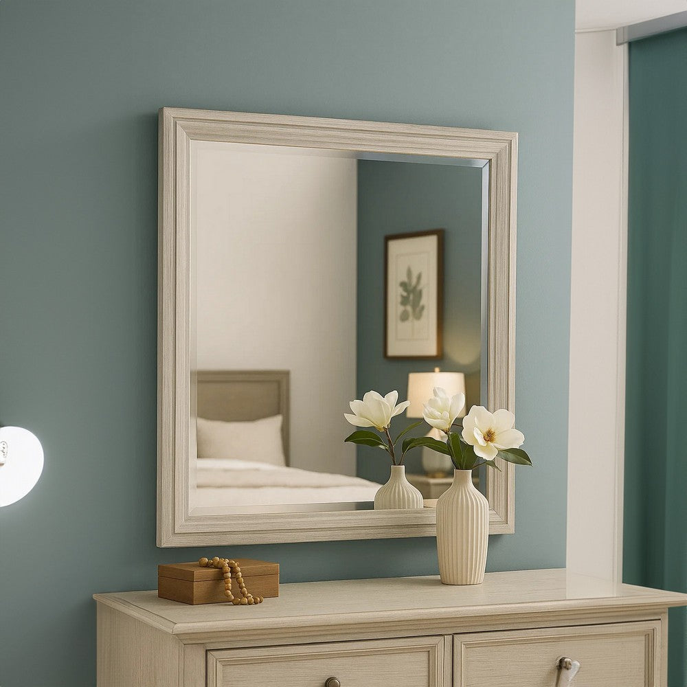 Basil Dresser Mirror | Beveled Glass | 38x44 Rustic White Solid Wood Frame BM340847