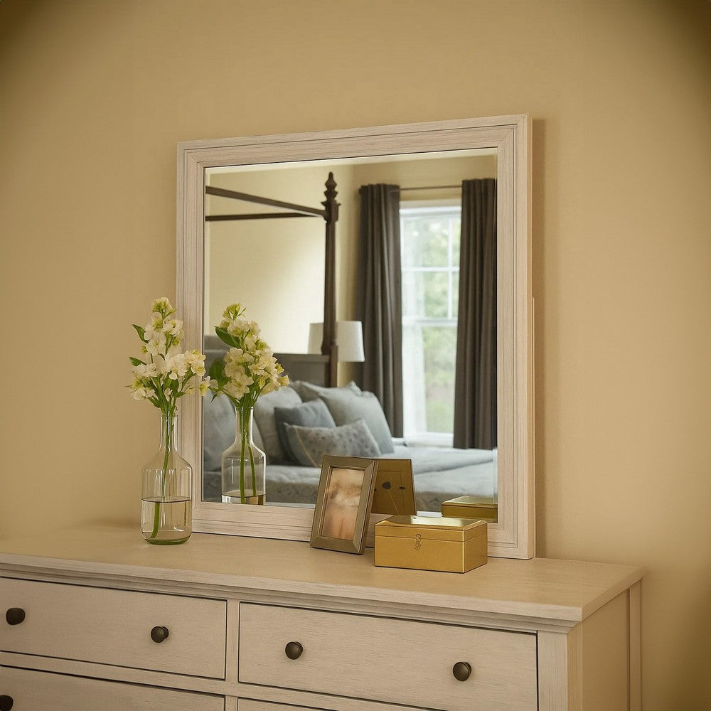 Basil Dresser Mirror | Beveled Glass | 38x44 Rustic White Solid Wood Frame BM340847