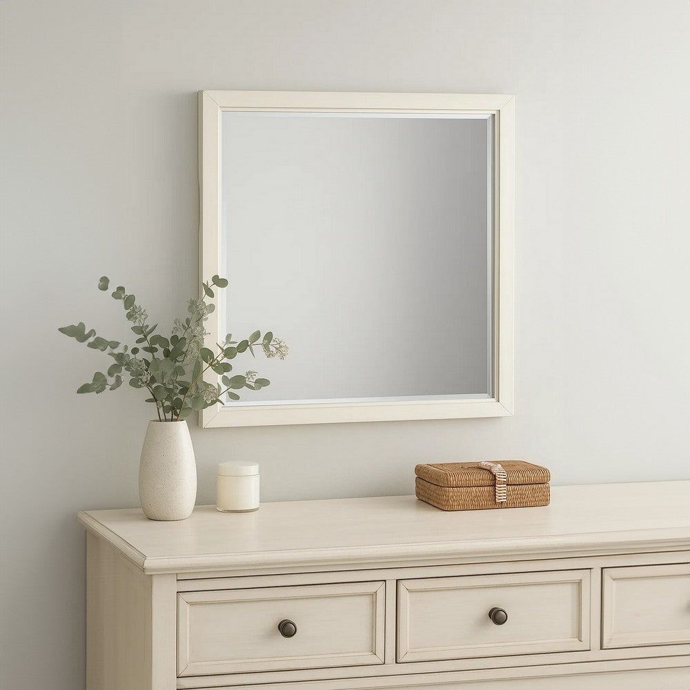 Toi Dresser Mirror | Beveled Glass | Antique White Finished Solid Wood | 38’’ BM340856