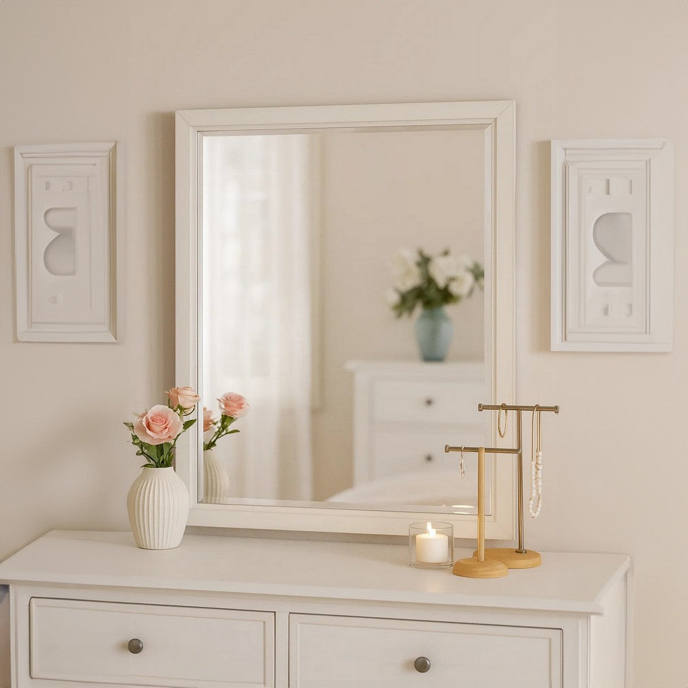 Toi Dresser Mirror | Beveled Glass | Antique White Finished Solid Wood | 38"