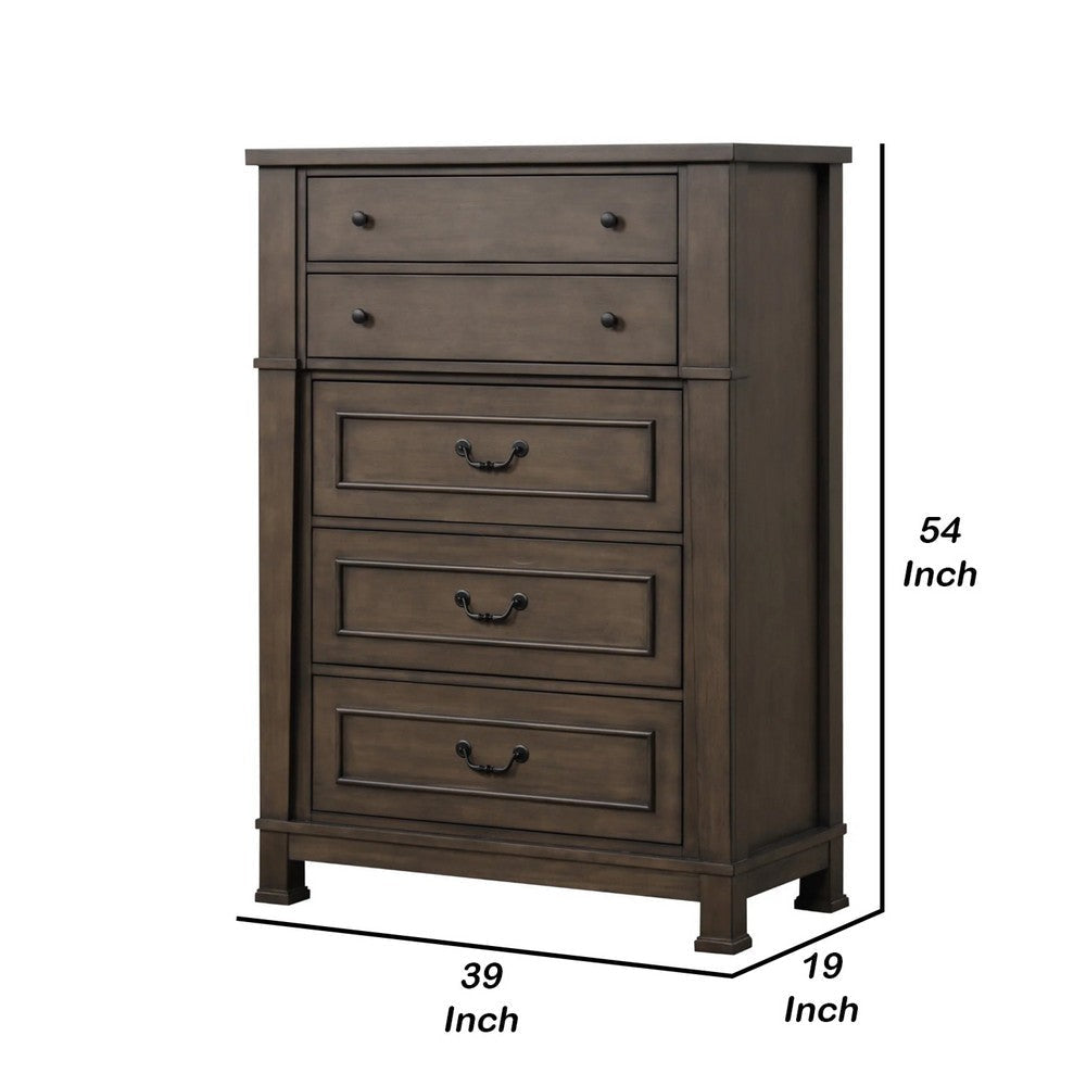 Huder Tall Dresser Chest | 5 Drawers | Dark Walnut Brown Wood | Black Metal BM340860