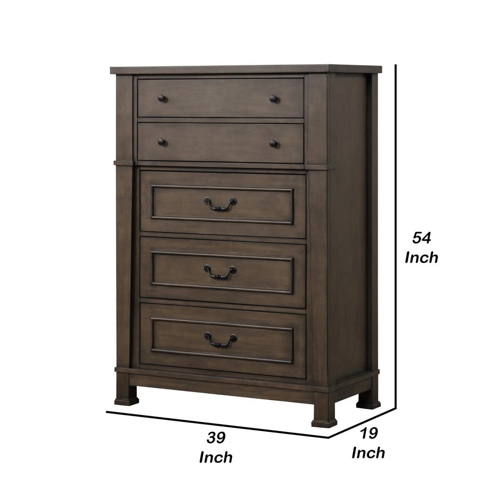Huder Tall Dresser Chest | 5 Drawers | Dark Walnut Brown Wood | Black Metal