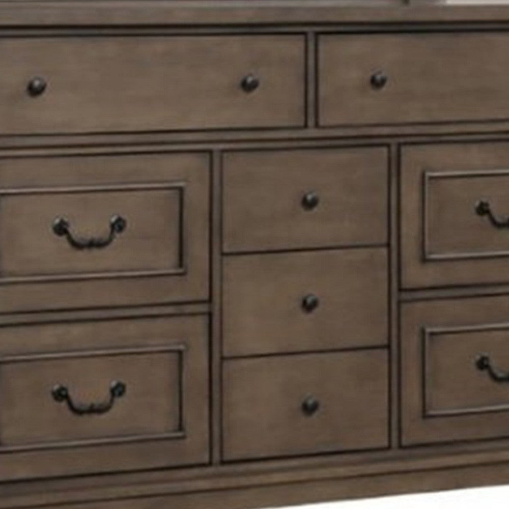 Huder Wide Dresser | 9 Drawers | Dark Walnut Brown Solid Wood | Black BM340861