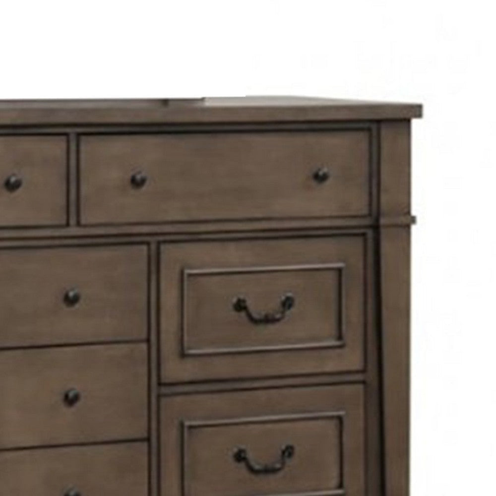 Huder Wide Dresser | 9 Drawers | Dark Walnut Brown Solid Wood | Black BM340861