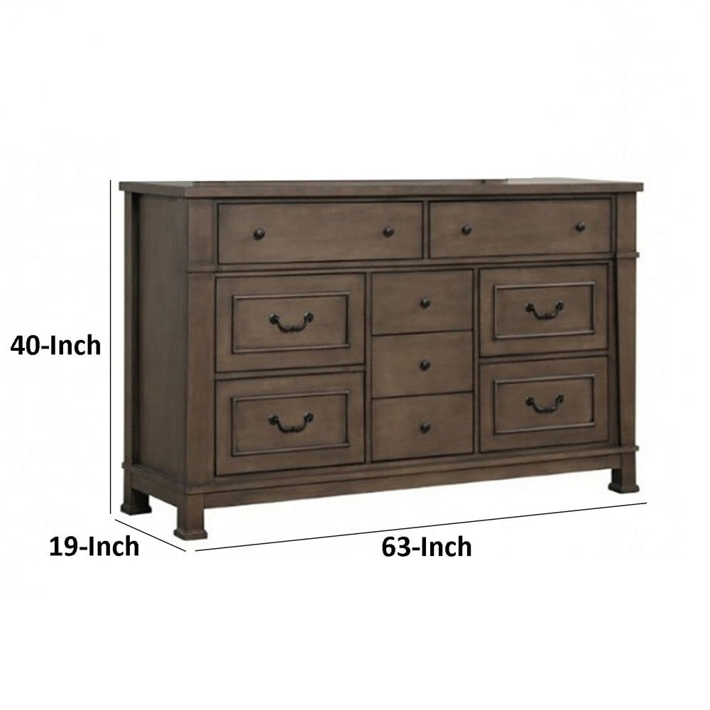 Huder Wide Dresser | 9 Drawers | Dark Walnut Brown Solid Wood | Black BM340861