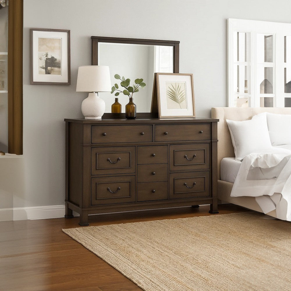 Huder Wide Dresser | 9 Drawers | Dark Walnut Brown Solid Wood | Black BM340861