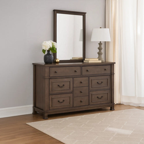 Huder Wide Dresser | 9 Drawers | Dark Walnut Brown Solid Wood | Black