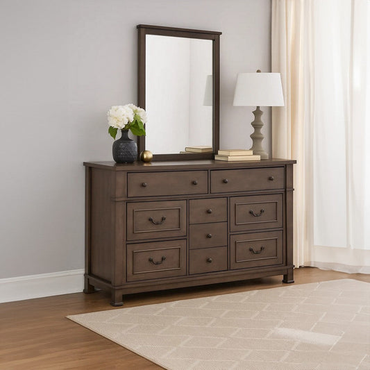Huder Wide Dresser | 9 Drawers | Dark Walnut Brown Solid Wood | Black