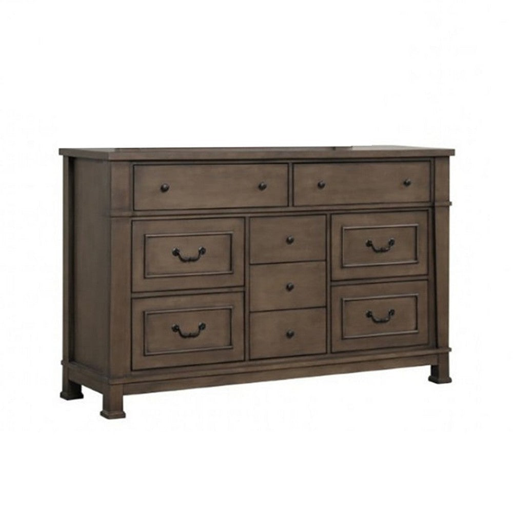 Huder Wide Dresser | 9 Drawers | Dark Walnut Brown Solid Wood | Black BM340861