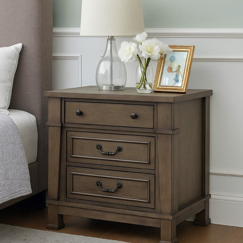 Huder Nightstand | 3 Drawers | Dark Walnut Brown Wood | Black Metal | 29"