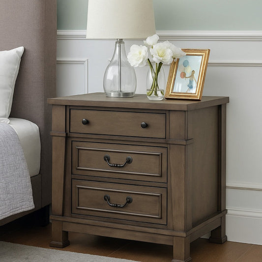 Huder Nightstand | 3 Drawers | Dark Walnut Brown Wood | Black Metal | 29"