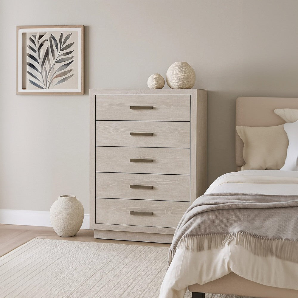 Kexa Tall Dresser Chest | 5 Drawers | Light Gray Solid Wood | Nickel Metal BM340864