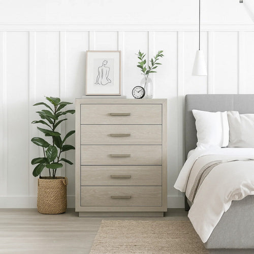 Kexa Tall Dresser Chest | 5 Drawers | Light Gray Solid Wood | Nickel Metal