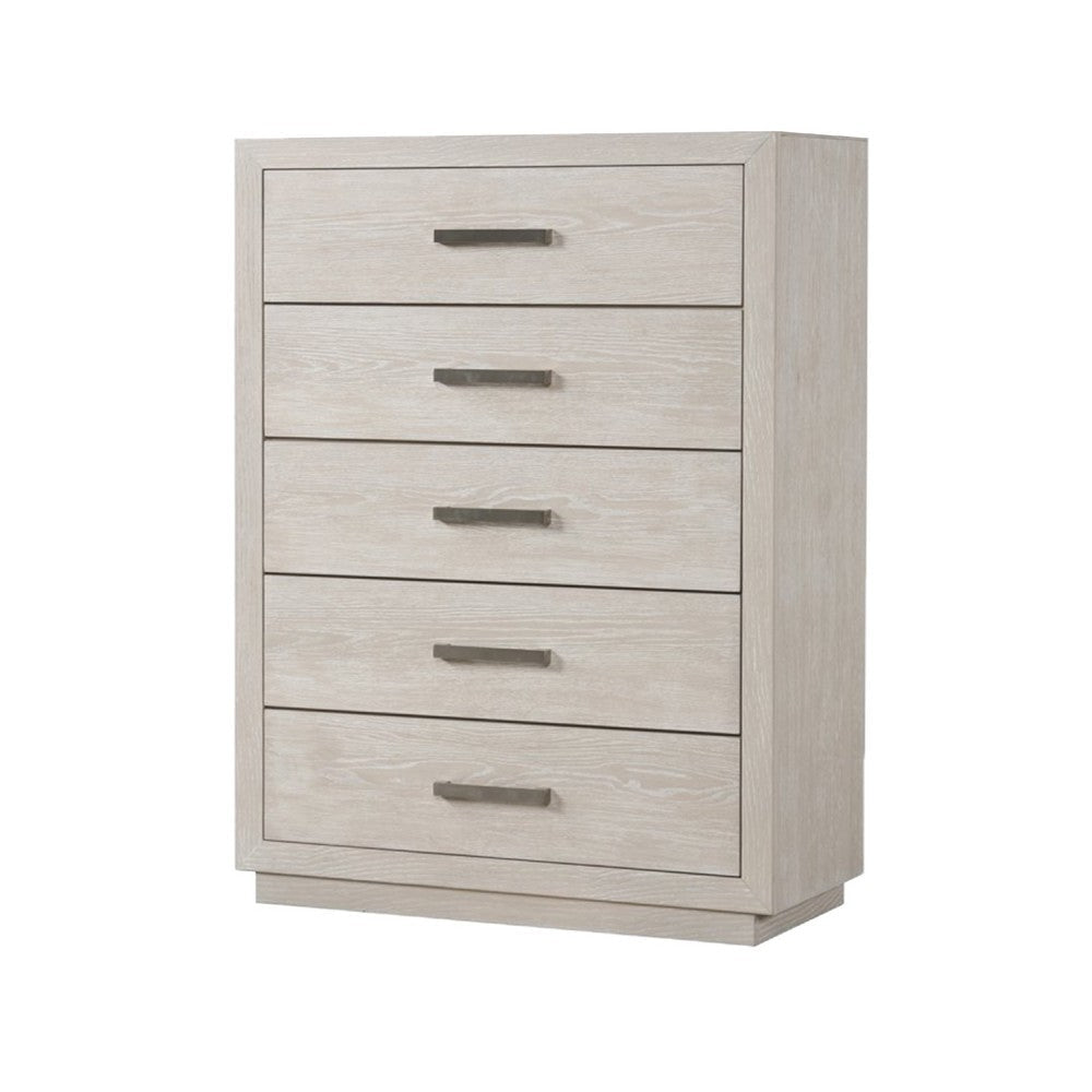 Kexa Tall Dresser Chest | 5 Drawers | Light Gray Solid Wood | Nickel Metal BM340864