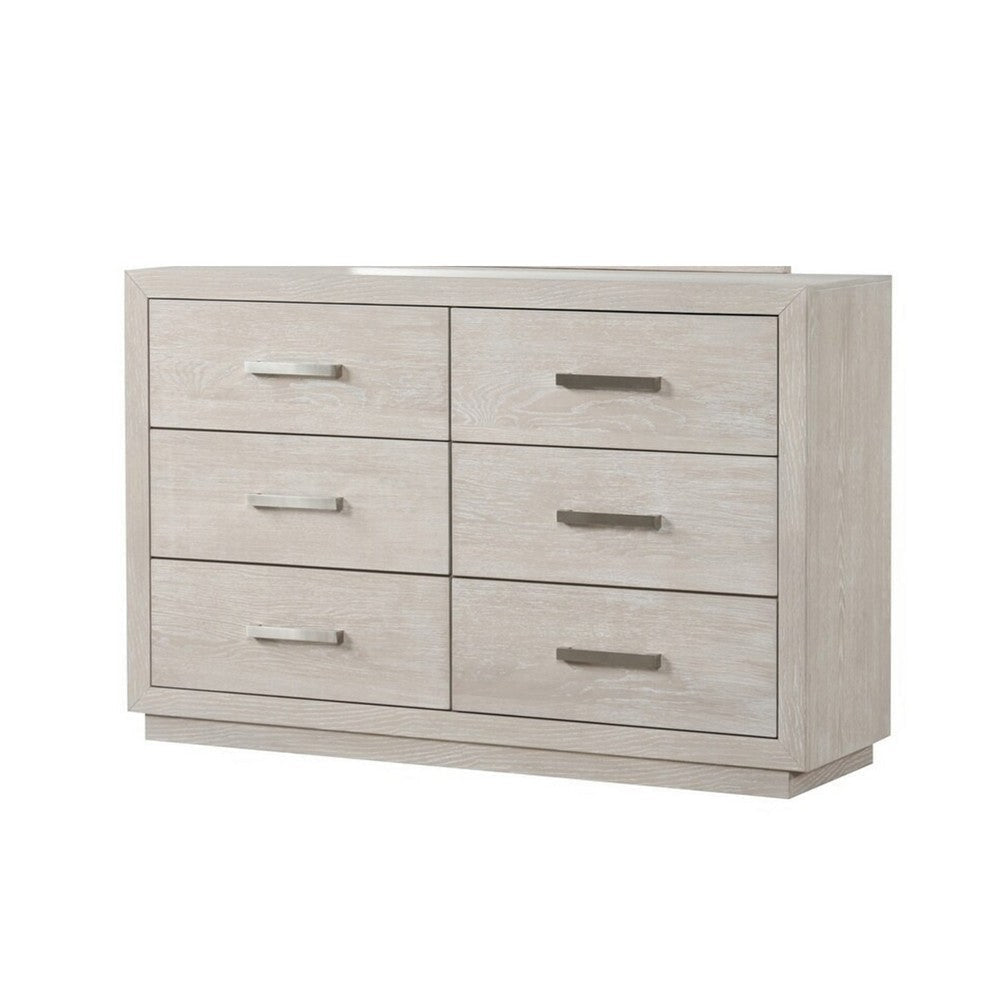 Kexa Wide Dresser | 6 Drawers | Light Gray Solid Wood | Nickel Metal BM340865