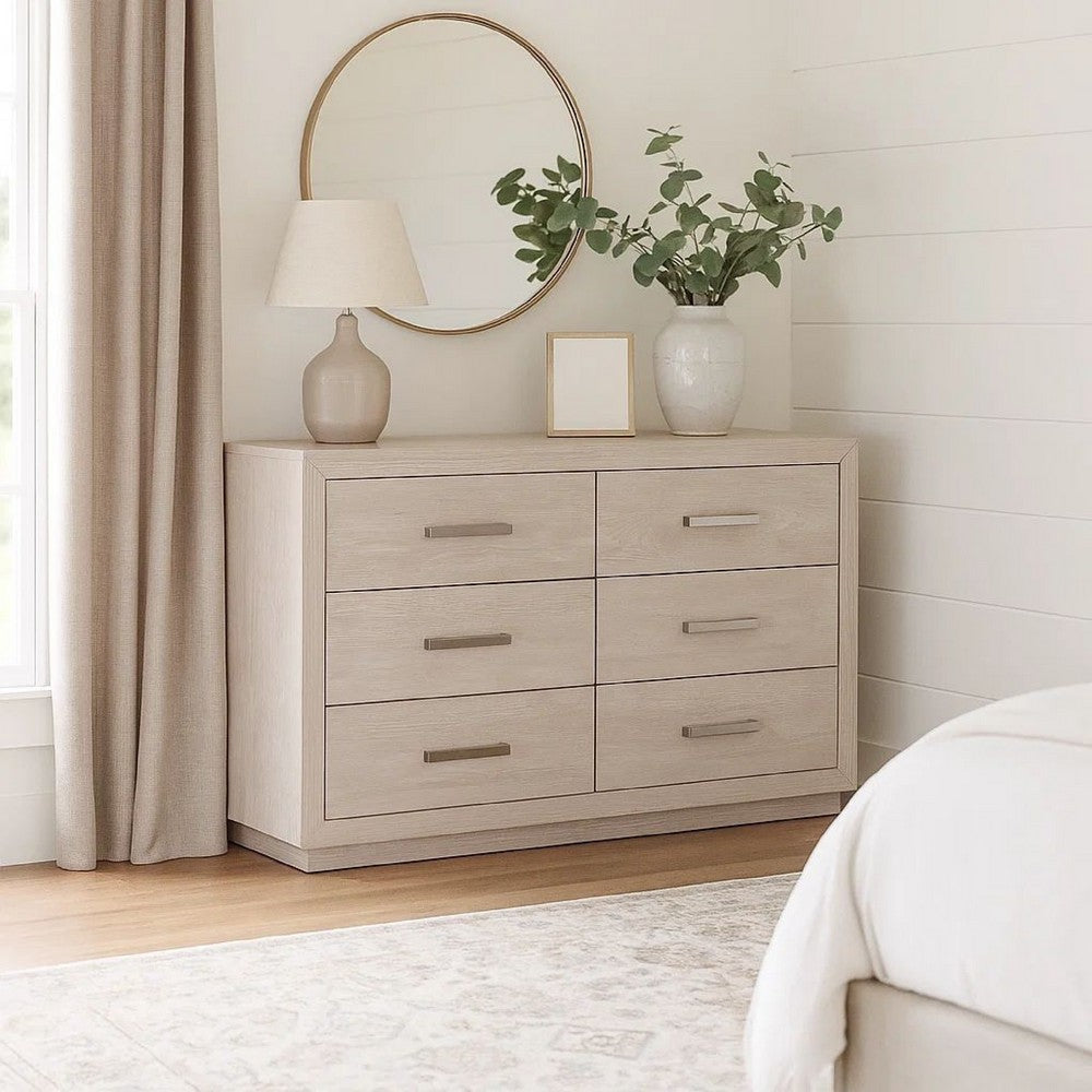 Kexa Wide Dresser | 6 Drawers | Light Gray Solid Wood | Nickel Metal