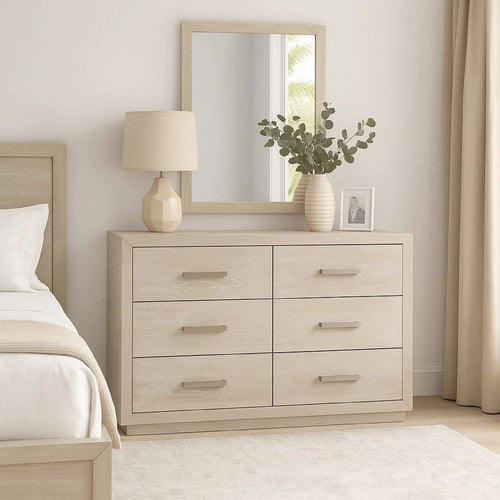 Kexa Wide Dresser | 6 Drawers | Light Gray Solid Wood | Nickel Metal