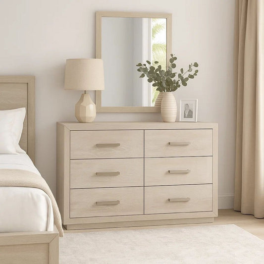 Kexa Wide Dresser | 6 Drawers | Light Gray Solid Wood | Nickel Metal