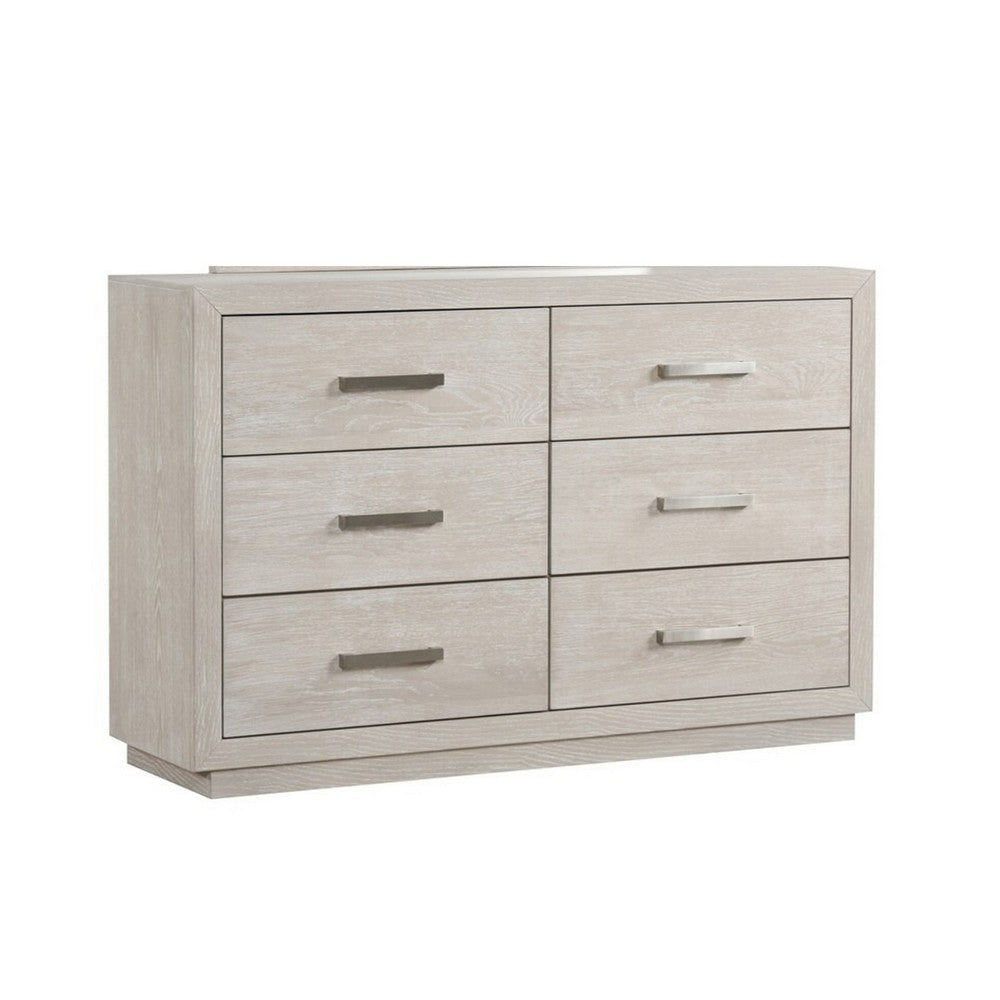 Kexa Wide Dresser | 6 Drawers | Light Gray Solid Wood | Nickel Metal