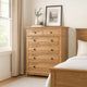 Lexa Tall Dresser Chest | 5 Drawers | Natural Oak Brown Wood | Pewter Metal