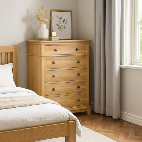 Lexa Tall Dresser Chest | 5 Drawers | Natural Oak Brown Wood | Pewter Metal