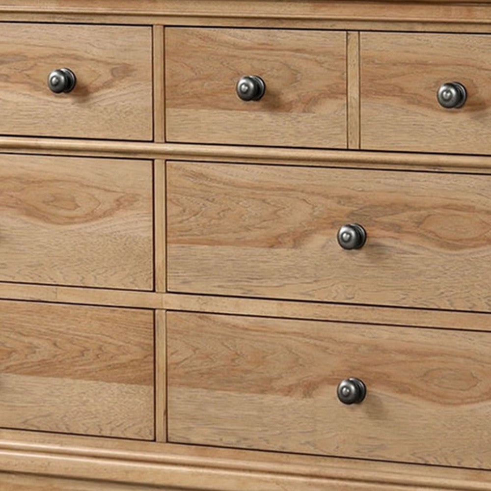 Lexa Wide Dresser | 6 Drawers | Natural Oak Brown Solid Wood | Pewter Metal