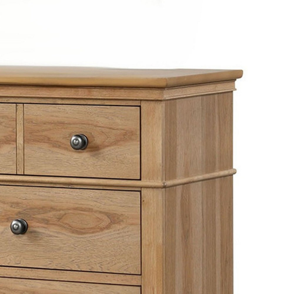 Lexa Wide Dresser | 6 Drawers | Natural Oak Brown Solid Wood | Pewter Metal