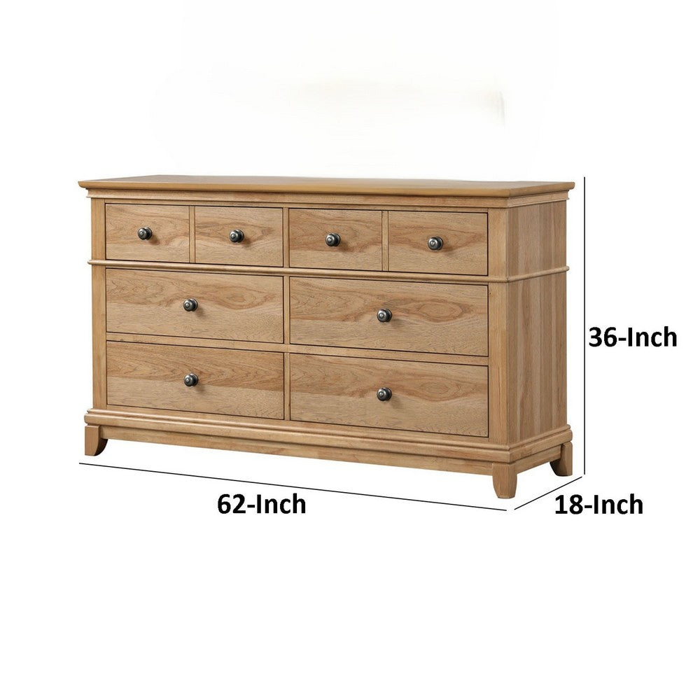 Lexa Wide Dresser | 6 Drawers | Natural Oak Brown Solid Wood | Pewter Metal