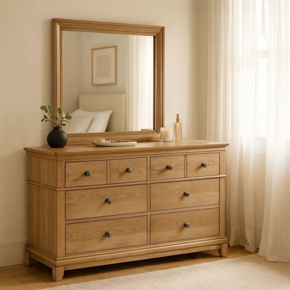 Lexa Wide Dresser | 6 Drawers | Natural Oak Brown Solid Wood | Pewter Metal