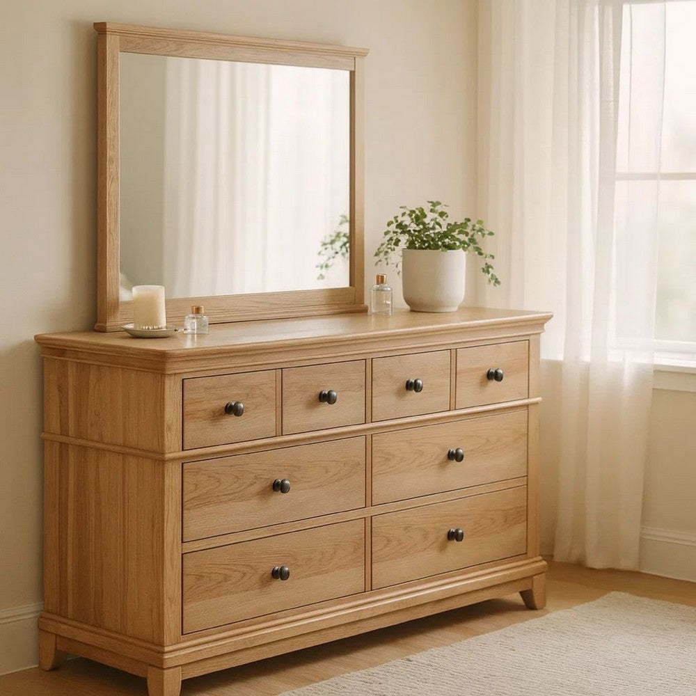 Lexa Wide Dresser | 6 Drawers | Natural Oak Brown Solid Wood | Pewter Metal