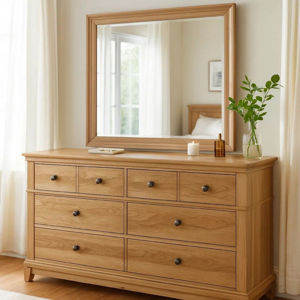 Lexa Wide Dresser | 6 Drawers | Natural Oak Brown Solid Wood | Pewter Metal