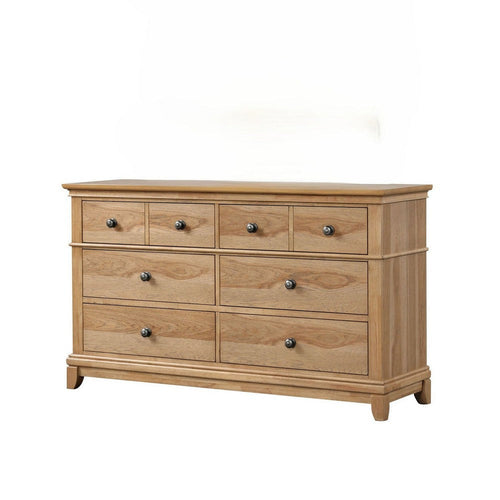 Lexa Wide Dresser | 6 Drawers | Natural Oak Brown Solid Wood | Pewter Metal