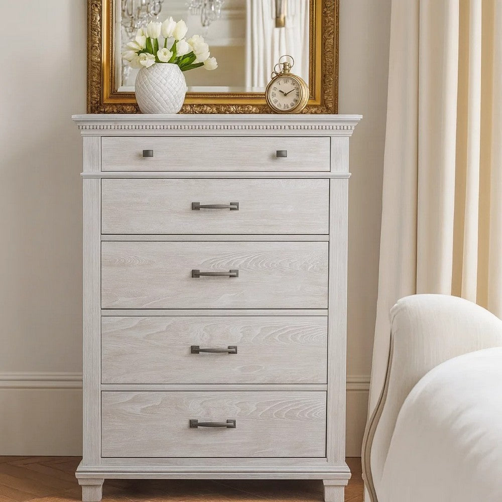 Leyne Tall Dresser Chest | 5 Drawers | Farmhouse Weathered Gray Solid Wood