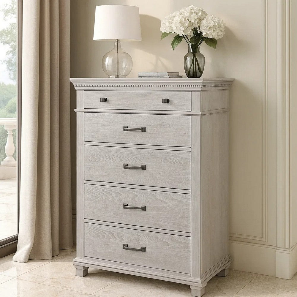 Leyne Tall Dresser Chest | 5 Drawers | Farmhouse Weathered Gray Solid Wood