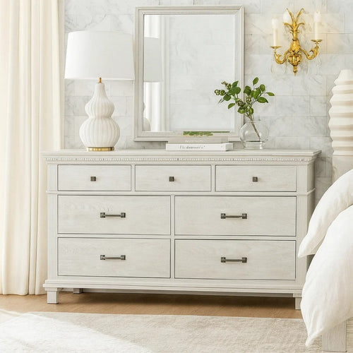 Leyne Wide Dresser | 7 Drawers | Farmhouse Weathered Gray Solid Wood