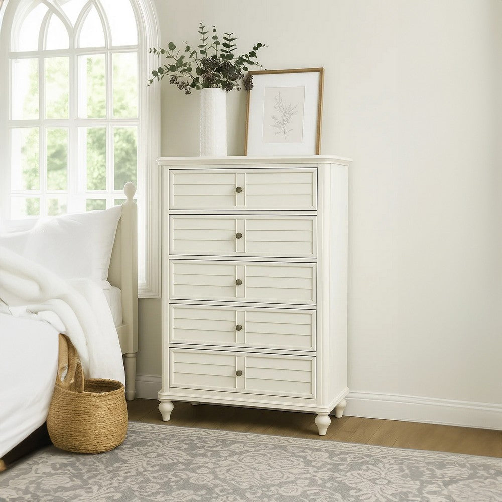 Kyna Tall Dresser Chest | 5 Drawers | Classic Antique White Solid Wood